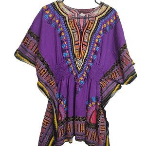 Vintage Boho Festival Dashiki Shirt Purple Pink One Size Womens Flowy Hippie